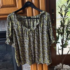 J. Crew Black Floral Scoop-Neck Blouse with Yellow & White Blossoms